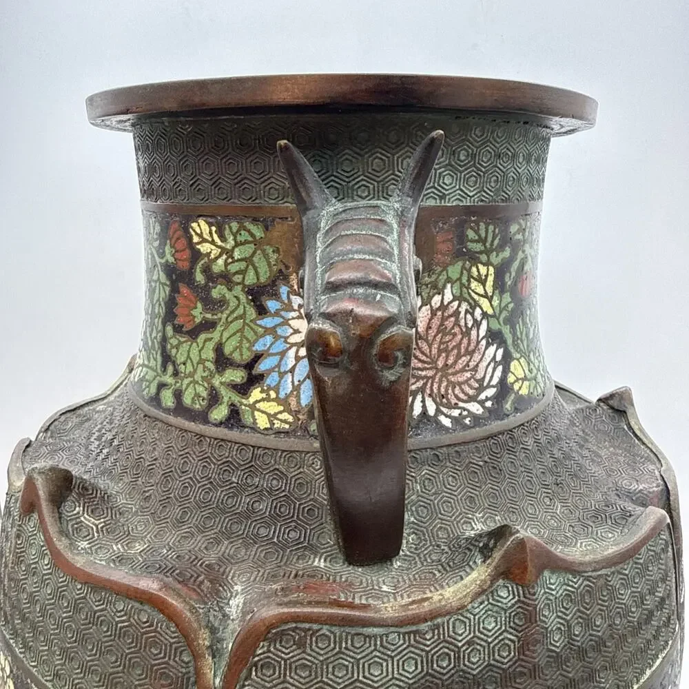 17.5” Antique Japanese Bronze Champleve Cloisonné Enamel Vase Dragon Handles ⬇️